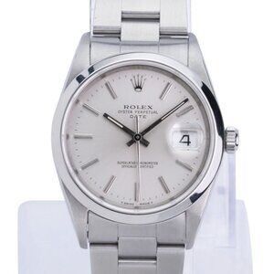 ROLEX DATE SILVER INDEX DIAL STAINLESS STEEL SMOOTH OYSTER WATCH 34 MM 15000